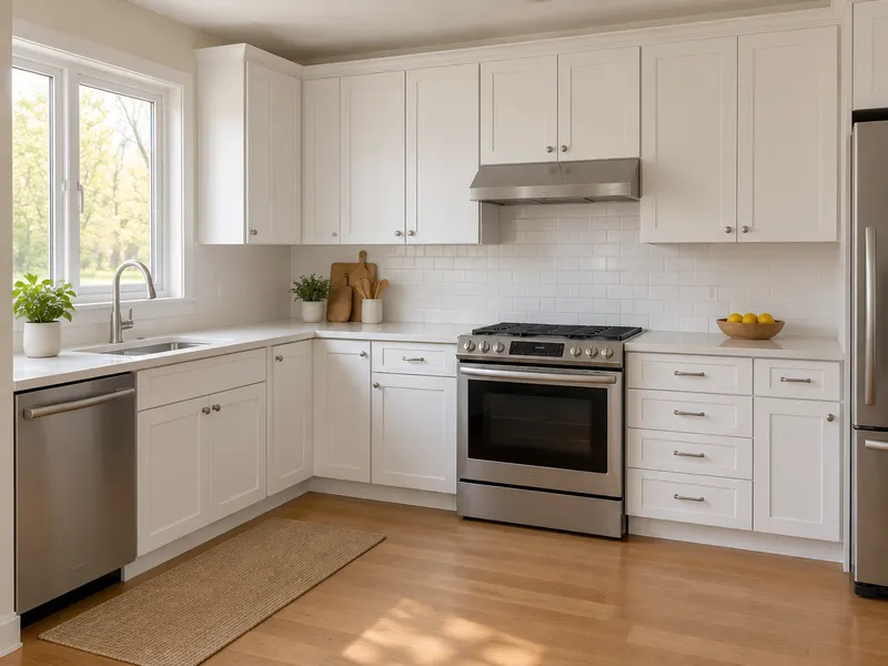Kitchen with white shaker cabinets installed level and evenly aligned