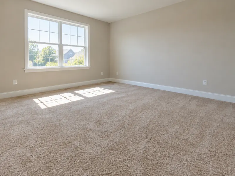 Freshly carpeted bedroom with plush beige carpet and clean baseboards